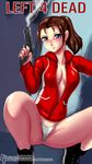  blue_eyes blush breasts brown_hair cameltoe cleavage gun jacket large_breasts left_4_dead legs open_clothes open_shirt panties ponytail shirt solo squatting thighs underwear weapon white_panties zoey_(left4dead) 
