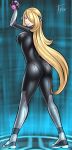  1girl ass black_bodysuit blonde_hair bodysuit breasts brown_eyes cosplay creatures_(company) game_freak hair_ornament master_ball metroid nintendo poke_ball pokeball pokemon pokemon_(game) pokemon_dppt samus_aran samus_aran_(cosplay) shirona_(pokemon) smile thighs zero_suit 