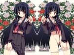  bangs black_hair black_serafuku blunt_bangs bottomless cover cover_page cowboy_shot enma_ai floral_background flower hand_up highres hime_cut jigoku_shoujo long_hair long_sleeves mouth_hold navel neckerchief panties panty_pull peony_(flower) pleated_skirt pussy red_eyes ribbon school_uniform serafuku skirt symmetry tajima_yoshikazu underwear white_panties 