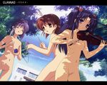  antenna_hair breasts brown_eyes brown_hair clannad fujibayashi_ryou furukawa_nagisa ichinose_kotomi instrument long_hair multiple_girls navel nipples nude nude_filter purple_eyes purple_hair pussy short_hair small_breasts third-party_edit violin 