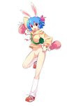  animal_ears backpack bag blue_hair bottomless boxing_gloves bunny_(trickster) bunny_ears gloves headband hood hoodie nude nude_filter pussy red_eyes socks solo third-party_edit trickster 