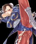  blush boots bracelet breasts brown_eyes brown_hair bun_cover china_dress chinese_clothes chun-li double_bun dress female_ejaculation high_kick jewelry kicking large_breasts muscle pantyhose pelvic_curtain pierre_norano sash solo spiked_bracelet spikes street_fighter 