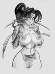  breasts bukkake cameltoe cum cum_on_body cum_on_breasts cum_on_upper_body fatal_fury g-string greyscale highres huge_breasts monochrome ninja panties shiranui_mai solo the_king_of_fighters thong underwear 