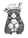 areolae bad_id bad_pixiv_id bangs bdsm blunt_bangs bondage bound bow breasts collarbone crescent greyscale hair_bow hat ink_(medium) long_hair looking_at_viewer medium_breasts monochrome nipples nude nurumayu_on patchouli_knowledge rope shibari simple_background solo touhou traditional_media upper_body very_long_hair white_background 