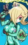  1girl blonde_hair blue_eyes bodysuit breasts clothed_navel crown earrings green_bodysuit gun jewelry luma mario_(series) metroid metroid_(cosplay) nintendo samus_aran samus_aran_(cosplay) star super_mario_galaxy weapon zero_suit 