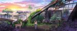  1girl apron bird brown_hair building city cloud commentary deer from_behind jongmin lens_flare long_hair maid maid_apron nature original plant post-apocalypse ruins scenery sky solo sunlight sunset thighhighs tree vines white_legwear 