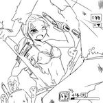  blush bra breasts greyscale gun left_4_dead lingerie lowres monochrome navel ponytail small_breasts solo tears torn_clothes underwear weapon zoey_(left4dead) zombie 