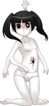  black_eyes black_hair blush extra_arms flat_chest greyscale messier_number monochrome monoko pale_skin panties simple_background solo spot_color tears twintails underwear yume_nikki 