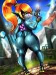  1girl ass blonde_hair blue_bodysuit bodysuit cameltoe cosplay gun huge_ass imp metroid midna mole nintendo ponytail red_eyes samus_aran samus_aran_(cosplay) shadman super_smash_bros. the_legend_of_zelda the_legend_of_zelda:_twilight_princess thecon thighs weapon zero_suit 