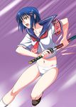  armband blue_hair hair_ornament hairclip inue_shinsuke katana kurogane_otome navel no_pants panties school_uniform serafuku sheath solo speed_lines sword tsuyokiss underwear unsheathing weapon white_panties 