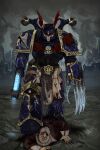  2boys absurdres adeptus_astartes armor bald breastplate chain chaos_space_marine cityscape collar crawling d: frilled_collar frills full_armor gauntlets head_wings helmet highres imminent_death kkghost_tv leg_armor lightning_claw loincloth multiple_boys night_lords pauldrons plasma_pistol power_armor scared shoulder_armor single_gauntlet single_mechanical_eye skull standing_on_another's_back teeth warhammer_40k wings 