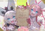  2girls :d animal_ears blue_eyes breasts cleavage dress dual_persona elphelt_valentine fake_animal_ears guilty_gear guilty_gear_xrd hairband looking_at_viewer marriage_certificate_(object) multiple_girls open_mouth pink_hair short_hair smile spiked_hairband spikes white_hair youmicitrustea 