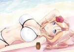  1girl bikini blonde_hair blue_eyes breasts drill_hair flower hair_flower hair_ornament honolulu_(kancolle) kanade_(kanadeya) kantai_collection large_breasts long_hair lying official_alternate_costume on_back red_flower side-tie_bikini solo string_bikini swimsuit twin_drills twintails white_bikini 