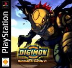  blue_scales copyright_name cyborg derivative_work digimon digimon_world dinosaur horns hudie_jun mechanical_arms metalgreymon_(virus) red_hair single_mechanical_arm solo torn_wings video_game_cover_redraw wings 