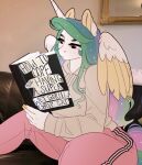 anthro anthrofied blue_hair book bottomwear clothed clothing english_text equid equine evehly eyebrows female fingers friendship_is_magic furniture green_hair hair hasbro hi_res horn inside long_hair mammal multicolored_hair multicolored_tail my_little_pony mythological_creature mythological_equine mythology pants princess_celestia_(mlp) purple_eyes purple_hair reading real sitting sofa solo sweatpants tail text topwear unicorn_horn winged_unicorn wings