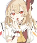  1girl :p ascot bangs blonde_hair blood blood_on_face blush bow chromatic_aberration commentary_request crystal eyebrows_visible_through_hair flandre_scarlet frilled_shirt_collar frills hair_between_eyes hair_bow hand_up highres licking licking_finger long_hair looking_at_viewer no_hat no_headwear one_side_up paragasu_(parags112) pointy_ears puffy_short_sleeves puffy_sleeves red_bow red_eyes red_nails red_vest short_sleeves simple_background solo tongue tongue_out touhou upper_body vest white_background wings wrist_cuffs yellow_ascot 
