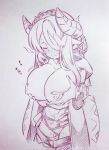  1girl blush braid breast_grab breasts clenched_hand closed_mouth commentary_request draph grabbing grabbing_from_behind granblue_fantasy hair_ornament hair_over_one_eye highres horns huge_breasts monochrome narmaya_(granblue_fantasy) nipples pointy_ears pussy_juice traditional_media tsukareta_san 