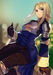  1girl absurdres agrias_oaks armor blonde_hair blue_dress blue_eyes blurry blurry_background braid breastplate brown_gloves brown_pants cosmetics depth_of_field dress final_fantasy final_fantasy_tactics gloves highres holding holding_lipstick_tube kagematsuri knee_pads lipstick_tube long_hair long_sleeves looking_at_viewer pants parted_lips sitting solo 