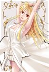  1girl :d armpits arms_up bangs blonde_hair bracelet breasts cleavage collarbone dress eyebrows_visible_through_hair fate_testarossa floating_hair hair_between_eyes highres jewelry large_breasts long_hair looking_at_viewer lyrical_nanoha mahou_shoujo_lyrical_nanoha necklace open_mouth red_eyes short_dress sleeveless sleeveless_dress smile solo sougetsu_izuki standing very_long_hair white_dress 