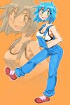  1girl :d allenby_beardsley bare_arms bare_shoulders blue_hair breasts cleavage commentary_request eyebrows_visible_through_hair full_body g_gundam green_eyes gundam looking_at_viewer medium_breasts onnaski open_mouth overalls photoshop_(medium) short_hair smile solo sports_bra standing standing_on_one_leg zoom_layer 