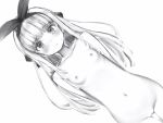  1girl :t animal_ears arms_behind_back ass_visible_through_thighs blush completely_nude dutch_angle greyscale highres long_hair looking_at_viewer monochrome mononobe_alice nanashi_(nlo) navel nijisanji nipples nude rabbit_ears simple_background smile solo sweatdrop virtual_youtuber white_background 