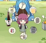  1girl alcohol_carton animal_crossing animal_crossing_(style) beer_can beer_mug blush bocchi_the_rock! bottle bottle_opener can checkmark chibi choko_(cup) closed_mouth cup dress drink_can fang fang_out fire green_dress hip_flask hiroi_kikuri holding holding_bottle jacket long_hair masu mug open_clothes open_jacket outdoors purple_eyes purple_hair rock sake_bottle solo standing tent torako_(toramaru) 