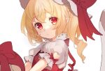  1girl :/ bangs blonde_hair blush bow breasts close-up closed_mouth clothing_cutout commentary crossed_bangs drill_hair eyebrows_visible_through_hair eyes_visible_through_hair flandre_scarlet hat hat_bow heart_cutout mob_cap one_side_up paragasu_(parags112) pointy_ears puffy_short_sleeves puffy_sleeves raised_eyebrows red_bow red_eyes red_vest short_sleeves simple_background small_breasts solo touhou vest white_background white_headwear wings 