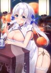  1girl azur_lane blue_eyes breasts bursting_breasts china_dress chinese_clothes cleavage_cutout clothing_cutout dress folding_fan garter_straps hand_fan highres holding holding_fan illustrious_(azur_lane) illustrious_(maiden_lily&#039;s_radiance)_(azur_lane) itaba_atsushi large_breasts leaning_forward long_hair mole mole_under_eye official_alternate_costume see-through skindentation solo thighhighs tri_tails white_dress white_hair white_legwear 