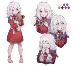  1girl bangs blush braid bruise byuub closed_eyes closed_mouth dress edelgard_von_hresvelg eyebrows_visible_through_hair fire_emblem fire_emblem:_three_houses hair_ornament injury long_hair long_sleeves looking_at_viewer open_mouth purple_eyes scar simple_background smile solo stuffed_animal stuffed_toy teddy_bear white_hair younger 