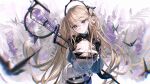  1girl arknights arms_behind_back bangs belt brown_hair closed_mouth corrupted_exif_data eyebrows_visible_through_hair gloves hair_ornament highres holding holding_staff indigo_(arknights) infection_monitor_(arknights) pointy_ears purple_eyes rumoon smile solo staff 