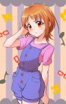  1girl blue_overalls blush brown_eyes brown_hair closed_mouth cowboy_shot frown hand_in_hair highres jwetefmgyvhlxqn looking_at_viewer overall_shorts overalls pink_shirt precure shiny shiny_hair shirabe_ako shirt short_hair short_sleeves solo standing striped striped_background suite_precure t-shirt 