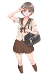  1girl bag bag_charm blush bow bowtie breasts brown_bow brown_bowtie brown_hair brown_sailor_collar brown_shirt brown_skirt brown_socks charm_(object) collarbone commentary doyagao hair_between_eyes hand_to_head highres holding holding_bag holding_strap kneehighs looking_at_viewer nora_shinji open_mouth original pleated_skirt pose purple_eyes sailor_collar salute school_bag school_uniform serafuku shirt short_hair short_sleeves simple_background skirt small_breasts smile smug socks solo standing stuffed_animal stuffed_dog stuffed_toy v v-shaped_eyebrows white_background 