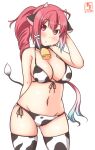  1girl alternate_costume animal_ears animal_print artist_logo bell bikini breasts cleavage commentary_request cow_ears cow_horns cow_print cow_tail cowbell cowboy_shot dated fake_animal_ears fake_horns front-tie_top gradient_sky hair_ribbon highres horns i-168_(kancolle) kanon_(kurogane_knights) kantai_collection large_breasts long_hair looking_at_viewer one-hour_drawing_challenge ponytail red_eyes red_hair ribbon side-tie_bikini simple_background sky solo standing swimsuit tail thighhighs white_background white_bikini white_legwear 
