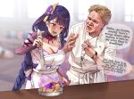  1boy 1girl @_@ apron bangs blonde_hair blunt_bangs blurry blurry_background braid braided_ponytail breasts bridal_gauntlets chef_uniform commentary crossover electricity english_commentary english_text eyebrows_visible_through_hair food foxyreine frilled_apron frills frying_pan genshin_impact gordon_ramsay hair_ornament hand_up hands_up hell&#039;s_kitchen highres holding indoors ladle large_breasts long_hair mole mole_under_eye neck_ribbon obi open_mouth parted_lips purple_eyes purple_hair raiden_shogun raised_eyebrows real_life ribbon sash short_hair speech_bubble spoon tearing_up watch white_apron window wrinkled_skin wristwatch 