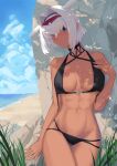  1girl abs absurdres animal_ears ass_visible_through_thighs bangs bare_shoulders beach bikini black_bikini black_hairband blue_eyes blue_sky body_markings breasts caenis_(fate) caenis_(swimsuit_rider)_(fate) cleavage collarbone eyebrows_visible_through_hair eyewear_on_head fate/grand_order fate_(series) grass hairband highres large_breasts long_hair looking_at_viewer navel ocean outdoors parted_lips sand sky solo sunglasses swimsuit thighs toned very_long_hair water white_hair xiver 