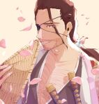  1boy absurdres backlighting black_kimono bleach bleach:_sennen_kessen-hen brown_eyes brown_hair chest_hair collarbone commentary eyepatch facial_hair falling_petals floral_print floral_print_kimono hair_between_eyes hair_ornament hair_stick hannahyu haori hat highres holding holding_hat holding_unworn_clothes japanese_clothes kanzashi kimono kimono_on_shoulders kyouraku_shunsui long_hair looking_at_viewer low_ponytail male_focus mature_male one_eye_covered parted_lips petals pink_kimono ponytail print_kimono simple_background smile solo straw_hat stubble taichou_haori upper_body yellow_background 