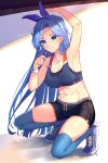  1girl abs arm_up armpits black_shorts black_sports_bra blue_footwear blue_hair blue_hairband blue_legwear blush borrowed_character bow_hairband breasts candy cleavage collarbone dolphin_shorts drawstring english_commentary food full_body hairband halter_top halterneck highres lollipop long_hair medium_breasts minah_(chaesu) navel nike one_knee original product_placement shoes shorts signature sneakers solo sports_bra straight_hair thighhighs untied_footwear very_long_hair yokura_(yukilina) 