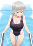  1girl bad_id bad_pixiv_id bangs black_swimsuit blue_eyes blush breasts cleavage climbing_ladder collarbone commentary_request competition_swimsuit eyebrows_visible_through_hair grey_hair haeil2 highres large_breasts long_hair multicolored_clothes multicolored_swimsuit one-piece_swimsuit open_mouth pool pool_ladder solo swimsuit uzaki-chan_wa_asobitai! uzaki_hana water 