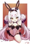  1girl absurdres alternate_costume animal_ears azur_lane breasts commentary_request double_bun hair_between_eyes hair_ornament headband highres long_hair looking_at_viewer navel official_alternate_costume open_mouth pg_(pege544) rabbit_ears red_background shimakaze_(azur_lane) shimakaze_(fastest_bunny&#039;s_invitation)_(azur_lane) signature silver_hair small_breasts solo yellow_eyes 