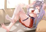  1girl absurdres azur_lane ban_tang barefoot breasts fang feet foot_focus full_body highres indoors large_breasts looking_at_viewer midriff miniskirt older red_eyes red_skirt silver_hair single_thighhigh skin_fang skirt soles solo spread_toes thigh_strap thighhighs toes underboob white_legwear yuudachi_(azur_lane) yuudachi_(the_bride_of_solomon)_(azur_lane) 