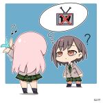  ? bang_dream! bang_dream!_it&#039;s_mygo!!!!! brown_eyes brown_hair chihaya_anon closed_mouth from_behind haneoka_school_uniform highres image_in_thought_bubble izami_md long_hair long_sleeves looking_at_another multiple_girls musical_note necktie pink_hair school_uniform shirt short_hair skirt takamatsu_tomori togawa_group_(bang_dream!) white_shirt 