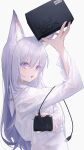  1girl animal_ears cat_ears controller from_side game_controller grey_hair hair_between_eyes hand_up highres long_sleeves looking_at_viewer looking_to_the_side original parted_lips pose purple_eyes shirt simple_background slit_pupils solo tourbox white_background white_shirt whitem_(whiteemperor2020) 