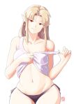  1girl automatic_giraffe bangs blonde_hair breasts jewelry long_hair looking_at_viewer pointy_ears princess_zelda red_eyes shirt simple_background smile solo super_smash_bros. the_legend_of_zelda the_legend_of_zelda:_a_link_between_worlds underwear white_background 