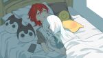  2girls ange_katrina bangs bed blanket blush cellphone closed_eyes commentary girl_on_top highres lize_helesta long_hair multiple_girls nijisanji parted_lips phone pillow red_hair sebastian_piyodore sen_(sennosenn1127) shirt short_hair sleeping smartphone stuffed_animal stuffed_toy symbol-only_commentary t-shirt virtual_youtuber white_hair yuri 