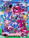  apron black_necktie blue_hair blush bow brown_footwear chibi collared_shirt confetti crazy_smile dress drill_hair dual_persona gloves hair_between_eyes hat hat_bow hatsune_miku highres holding_hands kasane_teto kepi looking_at_viewer lower_teeth_only mesmerizer_(vocaloid) military_hat necktie open_mouth outstretched_arms panties pants pinstripe_dress pinstripe_pattern red_eyes red_hair red_panties red_pants sharp_teeth shirt shoes short_sleeves skates smile smiley_hat_ornament socks solid_circle_eyes solid_oval_eyes star-shaped_pupils star_(symbol) striped_bow striped_clothes striped_shirt striped_socks suspenders sweat symbol-shaped_pupils syu_x teeth tongue tongue_out twin_drills twintails underwear upper_teeth_only utau visor_cap vocaloid waist_apron white_apron white_wrist_cuffs wing_collar wrist_cuffs yellow_gloves 