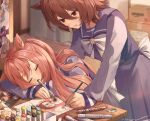  2girls absurdres agnes_digital_(umamusume) agnes_tachyon_(umamusume) amazon_(company) animal_ears back_bow bangs bow box brand_name_imitation brown_hair cardboard_box closed_eyes curtains drawing drooling eraser hair_between_eyes head_on_arm highres holding holding_marker holding_pencil horse_ears horse_girl leaning_forward long_hair long_sleeves marker mouth_drool multiple_girls open_mouth paper pen pencil pink_hair poster_(object) puffy_long_sleeves puffy_sleeves red_eyes school_uniform short_hair signature skirt sleeping smart_falcon_(umamusume) table tongue tongue_out tracen_school_uniform twitter_username two_side_up umamusume wooden_floor yogukasu 