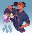  &gt;_&lt; 3boys :d ? bespectacled black_hair blue_shirt blue_shorts brown_eyes brown_hair closed_eyes closed_mouth collared_shirt commentary_request cosplay dark-skinned_male dark_skin earrings glasses gloves goomy gym_trainer_(pokemon) gym_trainer_(pokemon)_(cosplay) hand_on_hip holding holding_pokemon hop_(pokemon) jangmo-o jewelry kmtk male_focus multiple_boys open_mouth orange_headwear partially_fingerless_gloves pokemon pokemon_(creature) pokemon_(game) pokemon_swsh purple_hair raihan_(pokemon) shirt short_hair short_sleeves shorts single_glove smile teeth tongue trembling undercut victor_(pokemon) 