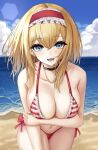  .me 1girl alice_margatroid alternate_costume bangs beach bikini blonde_hair blue_eyes breast_hold breasts choker cleavage eyebrows_visible_through_hair hair_between_eyes hairband halterneck highres large_breasts looking_at_viewer ocean open_mouth red_bikini side-tie_bikini solo swimsuit touhou 