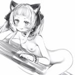  1girl :d animal_ears blush breasts cat_ears completely_nude from_side greyscale hair_ribbon highres hololive looking_at_viewer monochrome murasaki_shion nanashi_(nlo) nipples nude official_alternate_costume open_mouth ribbon simple_background small_breasts smile smug solo top-down_bottom-up virtual_youtuber white_background wristband 
