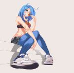  1girl air_jordan air_jordan_1 bandaid bandaid_on_cheek blue_eyes blue_hair blue_legwear borrowed_character breasts candy english_commentary food full_body highres knees_together_feet_apart lollipop looking_at_viewer medium_breasts medium_hair midriff minah_(chaesu) nike orange_sports_bra original pantyhose pigeon-toed ramennoodllez short_shorts shorts sitting solo sports_bra 